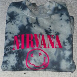 Nirvana tie-dye crewneck sweatshirt w iconic smiley face logo‎ & name. Sz Small